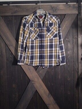 Five Brothers  Vintage Heavy Men's Navy & Yellow Plaid Flannel Shirt Sz Medium